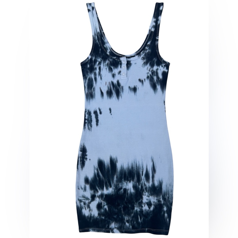 ZARA NWOT Tie Dye Navy White Snap Button Front Mini Sleeveless Casual Dress